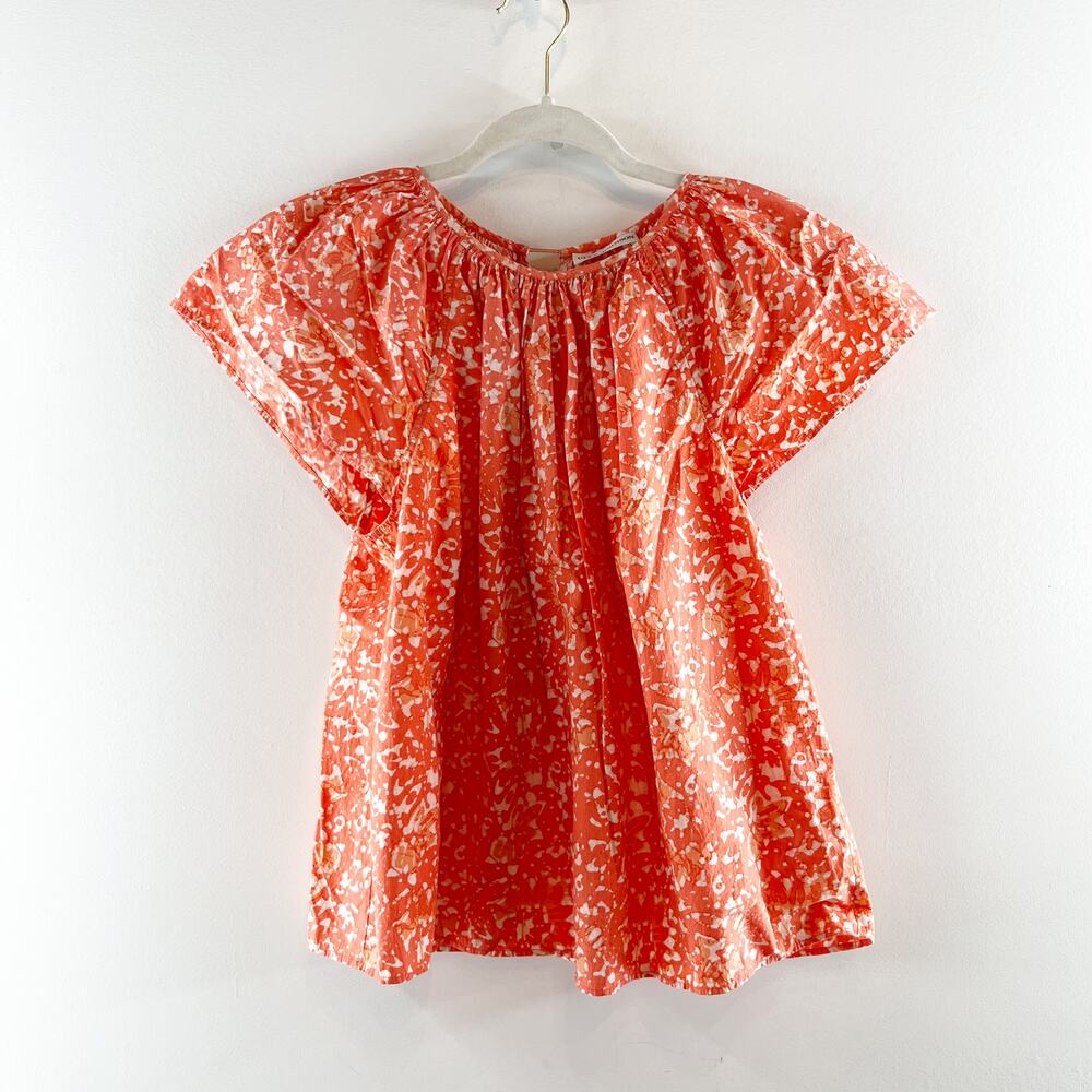Ulla Johnson Macie 100% Cotton Printed Flutter Sleeve Blouse Top Coral Orange 2